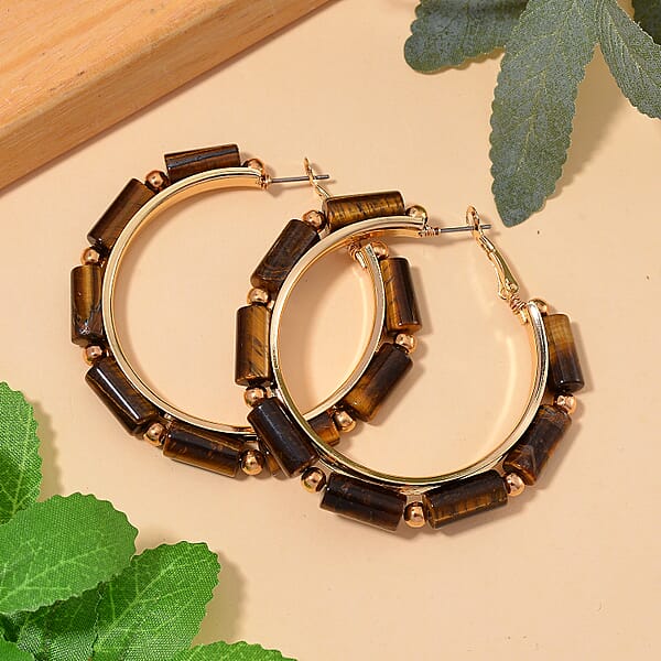 Yellow Tigers Eye 50.00 Ctw Hoop Earrings In Goldtone