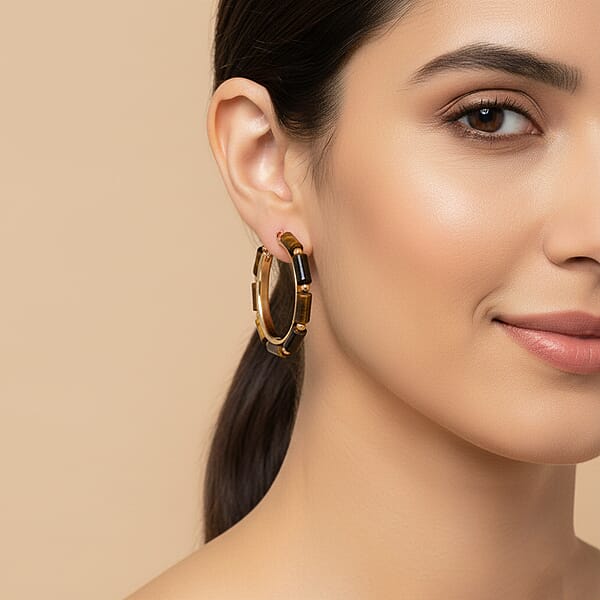 Yellow Tigers Eye 50.00 Ctw Hoop Earrings In Goldtone