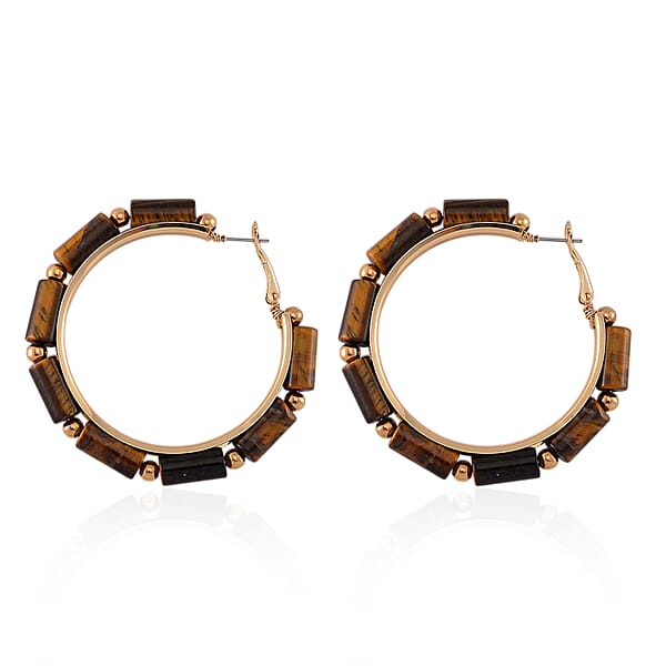 Yellow Tigers Eye 50.00 Ctw Hoop Earrings In Goldtone