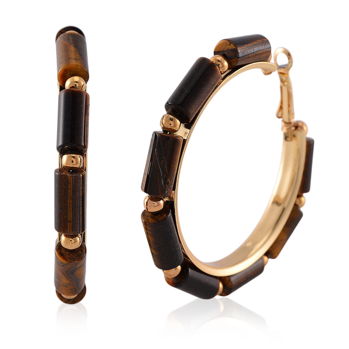 Yellow Tigers Eye 50.00 ctw Hoop Earrings in Goldtone