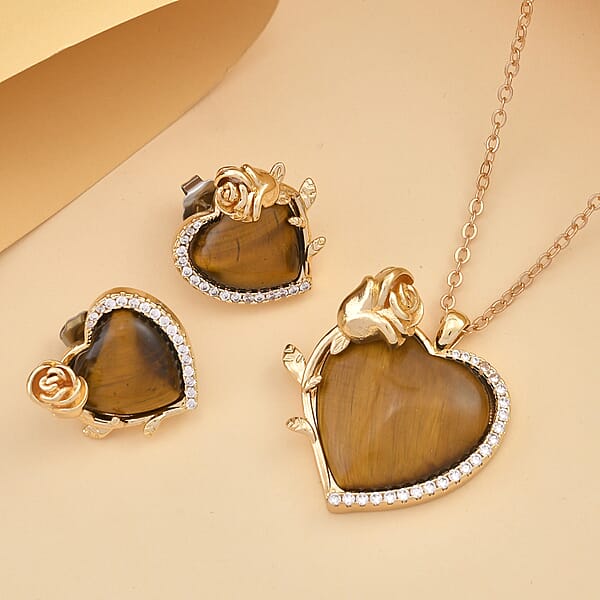 Yellow Tigers Eye Simulated Diamond 6.00 Ctw Heart Earrings And Pendant Necklace In Goldtone 20-22 Inches
