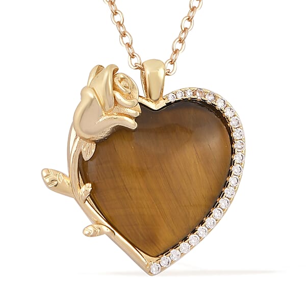 Yellow Tigers Eye Simulated Diamond 6.00 Ctw Heart Earrings And Pendant Necklace In Goldtone 20-22 Inches