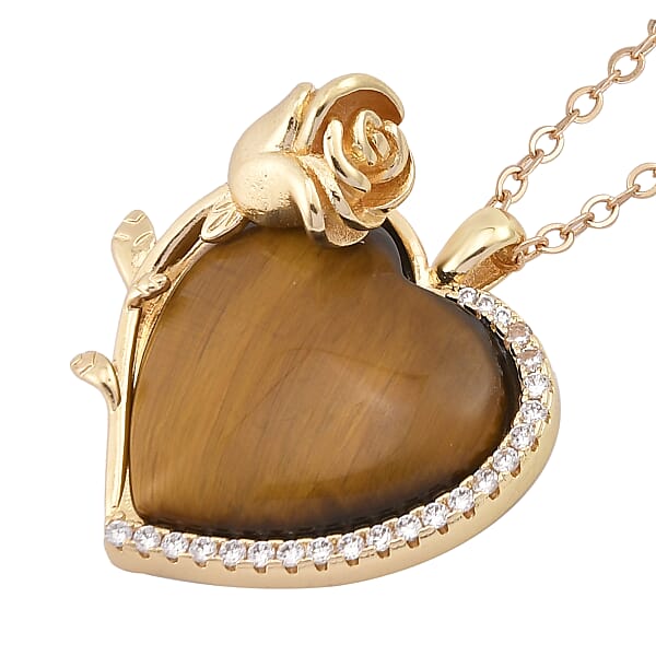 Yellow Tigers Eye Simulated Diamond 6.00 Ctw Heart Earrings And Pendant Necklace In Goldtone 20-22 Inches