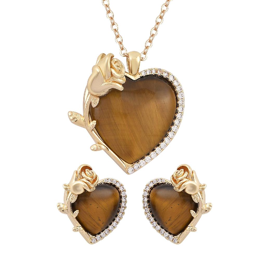 Yellow Tigers Eye Simulated Diamond 6.00 ctw Heart Earrings and Pendant Necklace in Goldtone 20-22 Inches