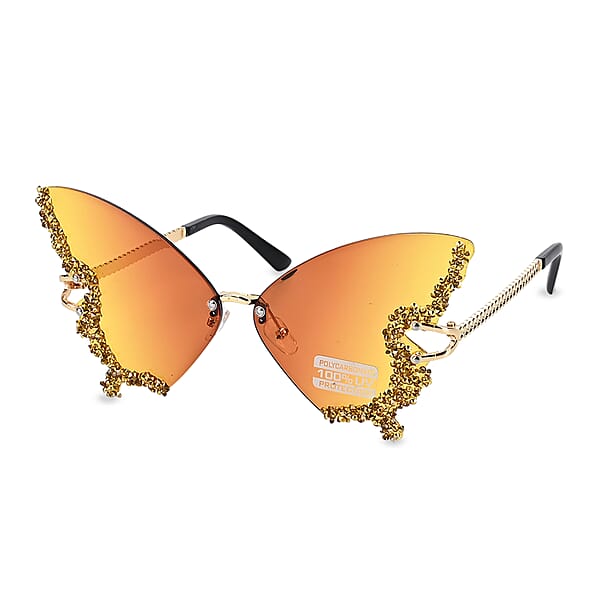 Yellow UV400 Frameless Sunglasses With Artificial Crystal