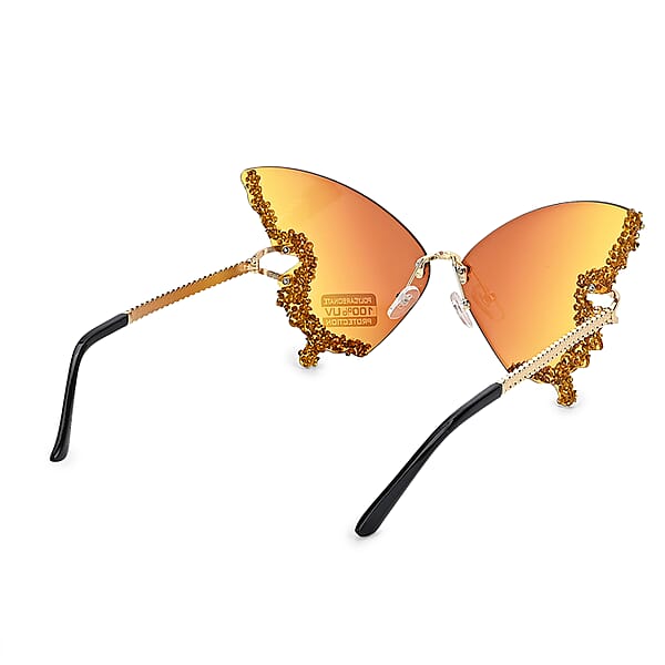 Yellow UV400 Frameless Sunglasses With Artificial Crystal