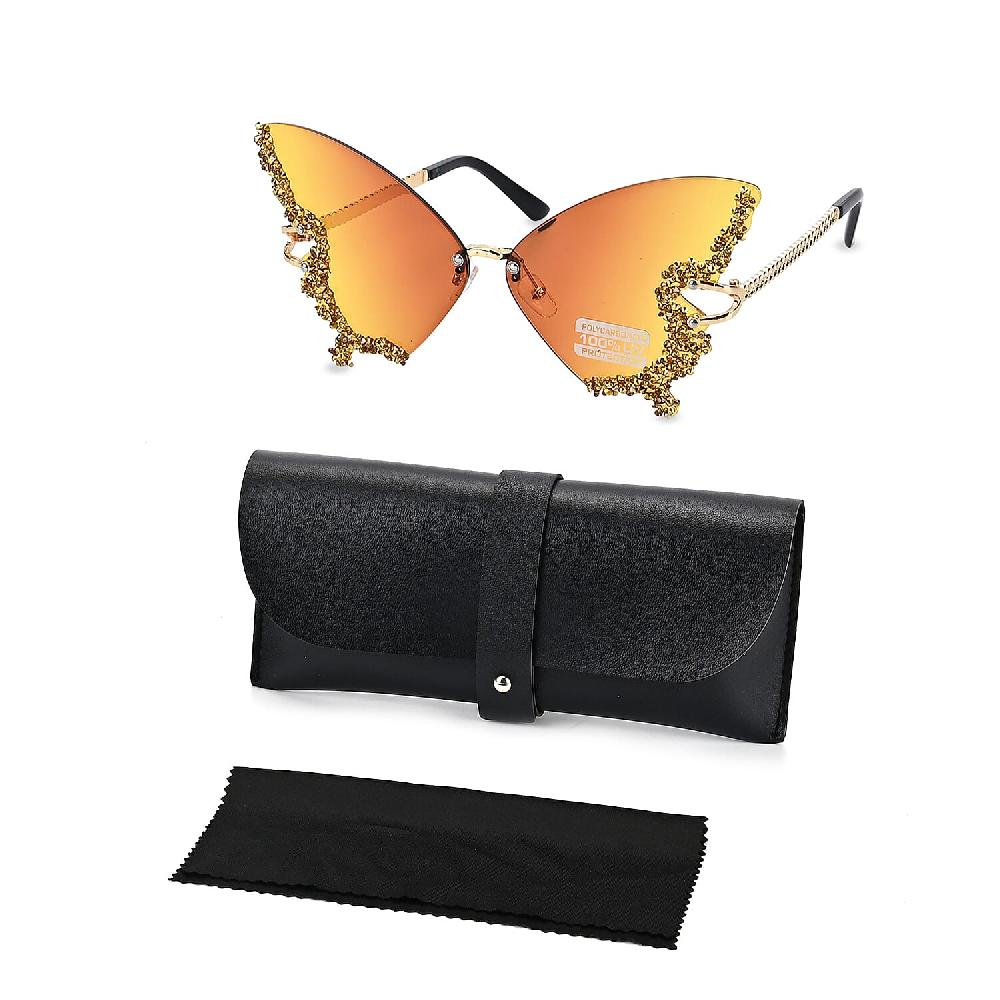 Yellow UV400 Frameless Sunglasses With Artificial Crystal